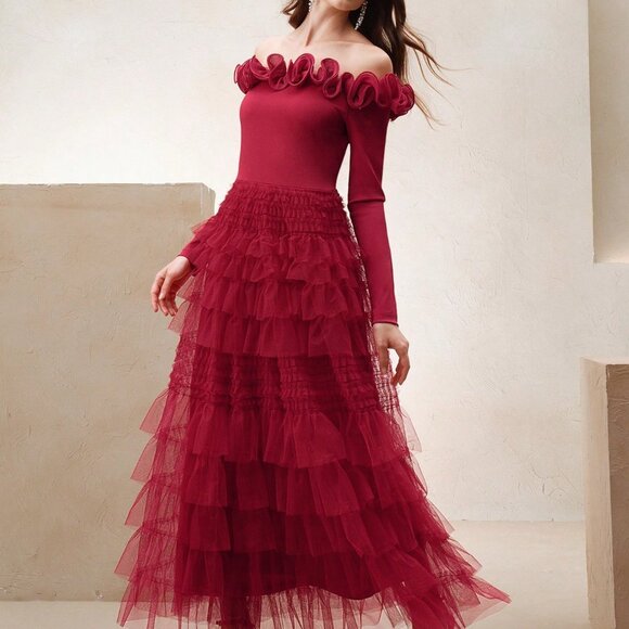 Red Chic Women's 3D Floral Long Sleeve V Neck Bodycon Party Dress - Picture 5 of 7